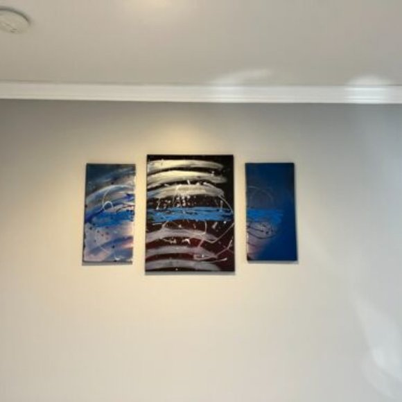 Homemade Thin Blue Line Abstract Triptych One of a Kind on Large Canvas - Picture 5 of 7